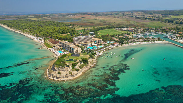 Aerial drone photo from iconic village of Sani with unique nature in North Kassandra peninsula, Halkidiki, North Greece