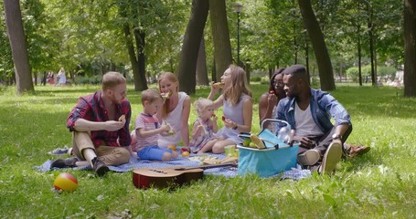 Happy families doing picnic in nature park
