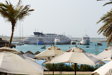 Fototapeta premium Luxury yachts near beach with a view on Jumeirah Palm man-made island, Dubai, UAE