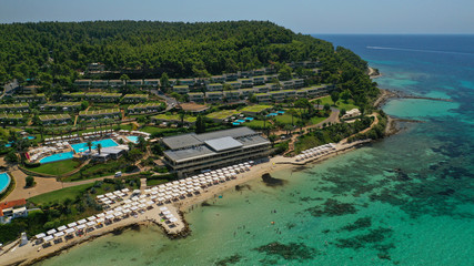 Aerial drone photo from iconic village of Sani with unique nature in North Kassandra peninsula,...