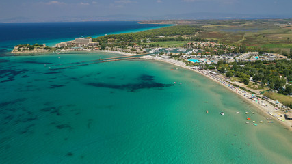 Fototapeta na wymiar Aerial drone photo from iconic village of Sani with unique nature in North Kassandra peninsula, Halkidiki, North Greece