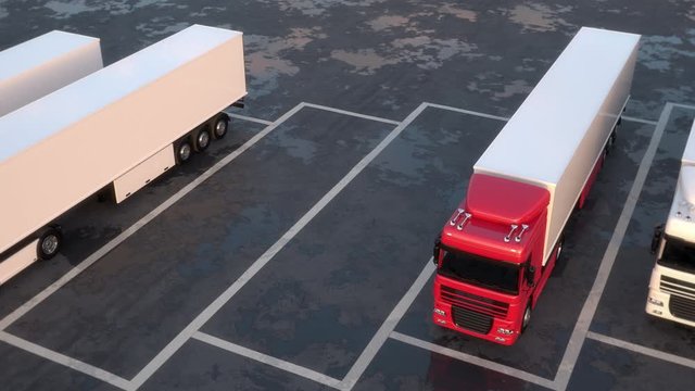 Moving aerial view of semi-trailer trucks standing in a row on a parking lot. Seamless loop. Realistic high quality 3d animation.