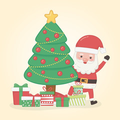 merry merry christmas card with santa claus and pine tree