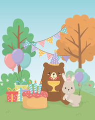 Obraz na płótnie Canvas cute bear teddy and rabbit in birthday party scene