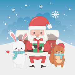 Obraz na płótnie Canvas happy merry christmas card with santa claus and animals