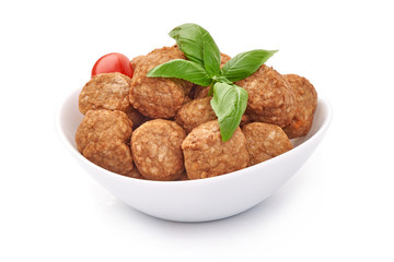 Chicken meatballs in a bowl, isolated on white background