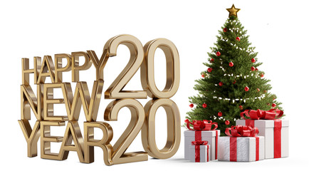 Christmas tree and happy new year 2020 golden 3d-illustration
