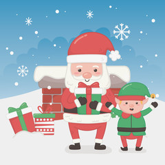 merry merry christmas card with santa claus and elf