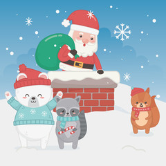 happy merry christmas card with santa claus and animals