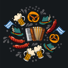 Set Oktoberfest hand drawn vector lettering. Phrase inside round frame drawing. inspirational inscription in  Border, beer mug, pretzel, sausage, accordion, Bavarian flag. Beer festival card template.