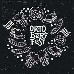 Set Oktoberfest hand drawn vector lettering. Phrase inside round frame drawing. Advertising inscription in  Border, beer mug, pretzel, sausage, Bavarian flag. Beer festival greeting card template.