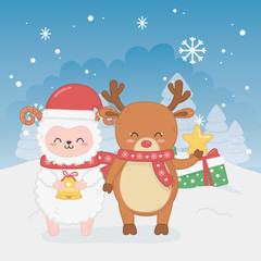 happy merry christmas card with sheep and deer