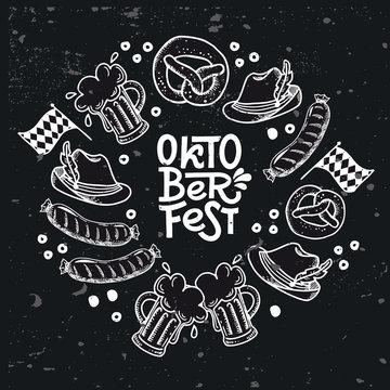 Set Oktoberfest hand drawn vector lettering. Phrase inside round frame drawing. Advertising inscription in  Border, beer mug, pretzel, sausage, Bavarian flag. Beer festival greeting card template.
