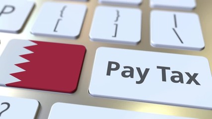 PAY TAX text and flag of Bahrain on the buttons on the computer keyboard. Taxation related conceptual 3D animation