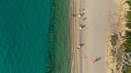 Aerial drone view of iconic Possidi sandy beach, paradise cape and Peninsula in Kassandra,...