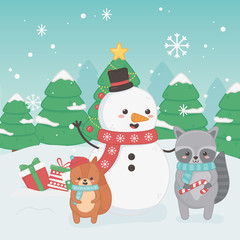 happy merry christmas card with snowman and animals