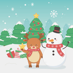 merry merry christmas card with snowman and reindeer