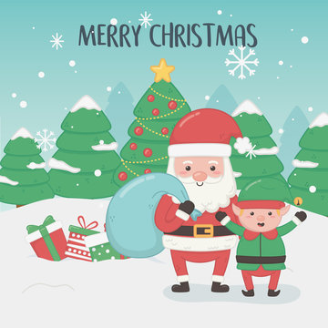 merry merry christmas card with santa claus and elf