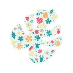 abstract creative composition with floral doodles forming monstera leaf