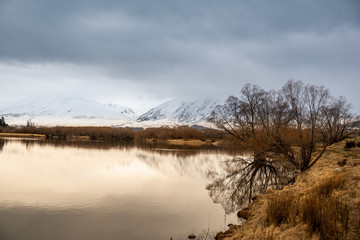 Obraz premium beautiful Lake Tekapo scenery on a cloudy summer day with the New Zealand Southern alps in the background