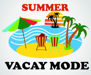 Summer vacation concept. Sunbed on the seashore, ocean sands summer vector illustration. sandy beach, umbrella. Sea sunset. VECTOR