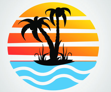 Sunset and palm on white background. Summer ads for t-shirt, banners and cards. VECTOR