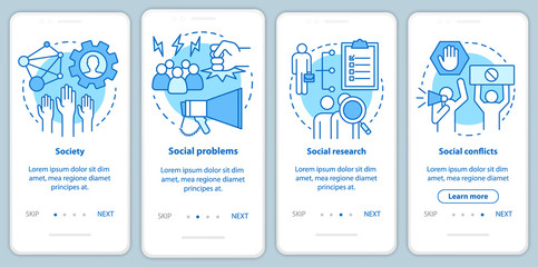 Sociology onboarding mobile app page screen with linear concepts. Society, social problems, conflicts walkthrough steps graphic instructions. Social research. UX, UI, GUI vector template with icons