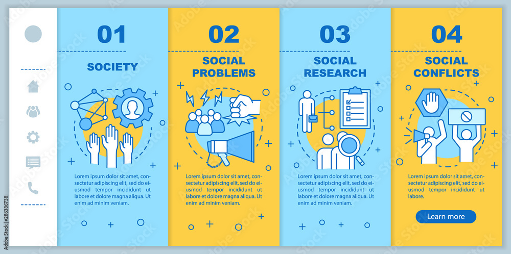 Wall mural sociology onboarding mobile web pages vector template. society, social problems, conflicts. responsi