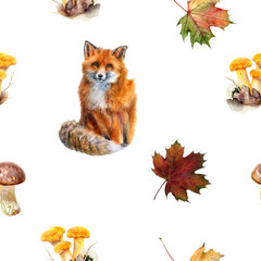 Fototapeta premium Watercolor hand drawn fox autumn leaf isolated seamless pattern.