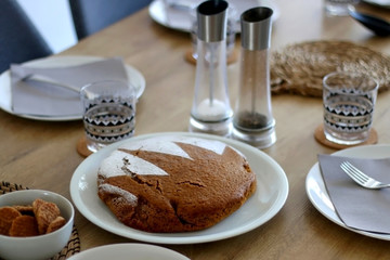 Homemade sponge cake served on a table. Selective focus.