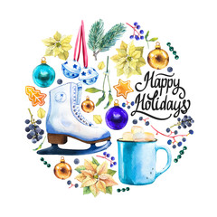 Christmas watercolor circle illustration in picturesque style. Holiday set with ribbon, skate, spruce, poinsettia, berries, hat, holly, cup, ball. New year decoration.