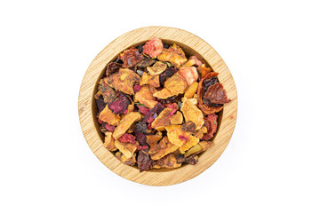 Lot of pieces of lavender strawberry ice tea in wooden bowl flatlay isolated on white background