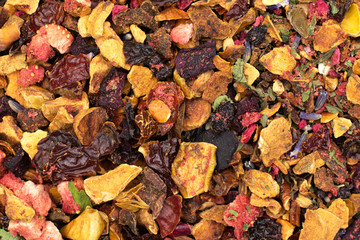 Lot of pieces of lavender strawberry ice tea macro flatlay isolated