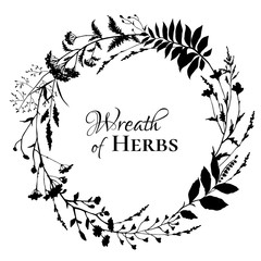 Round wreath with black silhouettes of meadow herbs. Floral frame design. Wild grass. Vector illustration.
