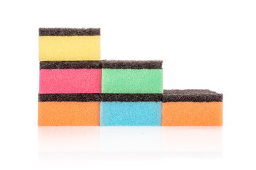 Group of six whole colourful cleaning kitchen sponge isolated on white background