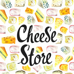 Seamless watercolor background with different noble cheeses: camembert, gouda, parmesan, blue, edammer, maasdam, brie, roquefort. Snack bar. Farm dairy products. Fresh organic food.