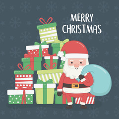 merry merry christmas card with santa claus and gifts