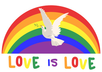 bright isolated vector illustration of white dove holding olive peace branch on lgbt pride rainbow background with text love is love. For logos, invitations, wedding cards, inclusive church design 