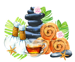 SPA watercolor illustrations with a variety of means for body and face: towel, tea, flower, massage bags, stones, oil, palm leaves, lotion. Cosmetics for woman. Relaxation in salon