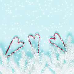 Christmas modern composition. Fir white branches. Xmas decorations on pastel blue background. Christmas, New Year, winter concept. Flat lay, top view, copy space, square