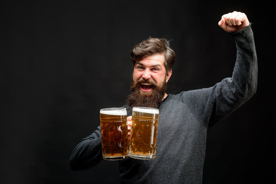 Celebration oktoberfest festival concept. Man in beer pub. Bearded man holds mug of craft beer. Alcohol, harmful habits. Enjoy in pub. Happy brewer. Brewery concept. Happy smiling man with beer. - Powered by Adobe