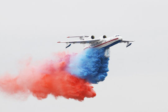 ZHUKOVSKY - 28 AUGUST: Russian jet Be-200 amphibia shows demonstration flight at Moscow salon MAKS2019 on August 28, 2019 in Zhukovsky, Russia.