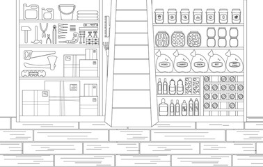 Vector Illustration of Storeroom in Outline Style. Working Place with Tools in Left Side and Canned Food and Wine in Other Side. Linear Sketch of Cellar Interior Room. Concept Design of Basement