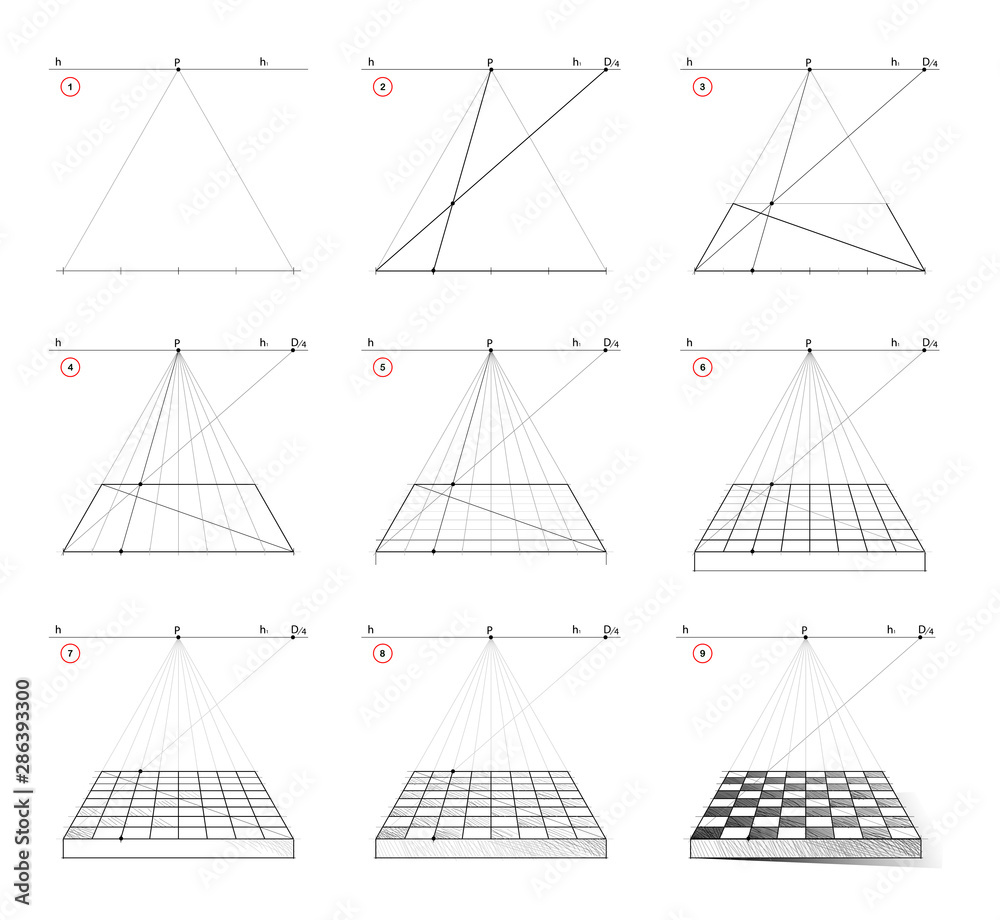 Wall mural how to draw step by step chess board in perspective with vanishing point. creation step-wise pencil 