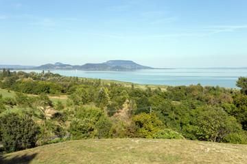 Fototapeta na wymiar Lake Balaton with the Badacsony mountain in the background.