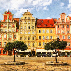 Fototapeta na wymiar Oil painting view of Wroclaw city in Poland. Travel in europe scene. Old architecture and town elements. Large print for design paper or canvas. Wall art contemporary impressionism decoration.