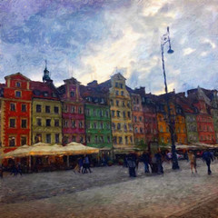 Fototapeta premium Oil painting view of Wroclaw city in Poland. Travel in europe scene. Old architecture and town elements. Large print for design paper or canvas. Wall art contemporary impressionism decoration.
