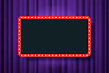 Bulb frame with empty space on purple theater curtains background. Vector design element. Space for text, advertisement. Blank template