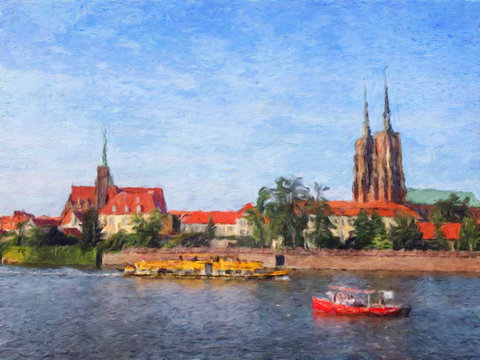 Oil painting view of Wroclaw city in Poland. Travel in europe scene. Old architecture and town elements. Large print for design paper or canvas. Wall art contemporary impressionism decoration.