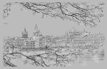 Grey vector hand drawing Prague 9